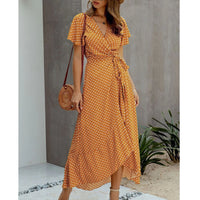 Ladies Bohemian Polka Dot Chiffon Dress Sexy V Neck Short Sleeve Split Maxi Sundress Summer Wrap Dresses For Women