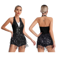 Womens Tassel Jazz Latin Dance Leotard Performance Costume Halter Backless Sparkly Sequins Fringe Jumpsuit Sleeveless Dancewear