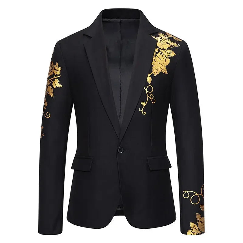 Metal-printed Men's Long-sleeved Suit Jacket, White V-neck Blazers, Wine Red Wedding Party Performance Coat.European Sizes M-3XL