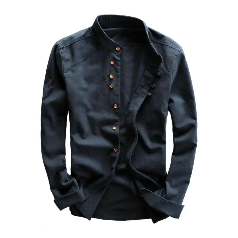 Men's Retro Buckle Long Sleeved Shirt 2025 Spring Autumn Casual Linen Buttoned Shirt Slim Fit Stand Up Collar Shirt Jacket