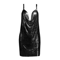 YOUR BUMP CURVE Shiny Cool Metal Sequin V Neck Sleeveless Backless Cross Side Irregular Mini Sexy Ladies Yacht Club Metal Dress