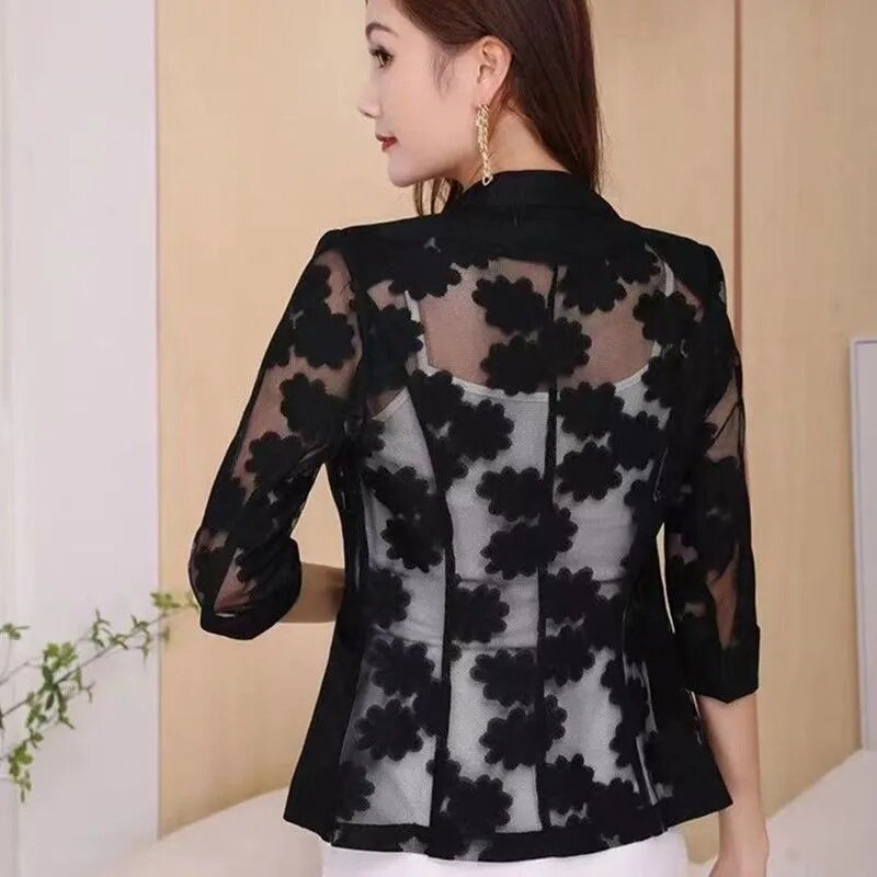 2023 Summer Women Thin Cardigan Sun Protection Clothing Hollow Lace Slim Shawl Office Ladies Work Wear  women blazers and jacket