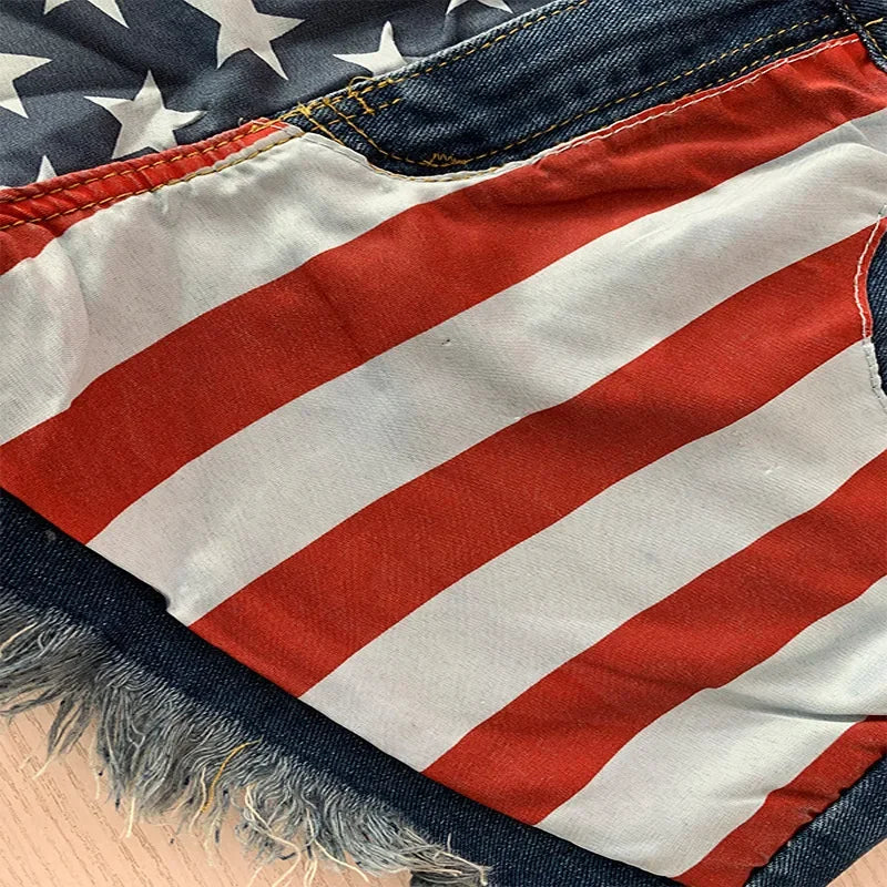 Denim Shorts Women Jeans Knee Length Pentagram Print Tassels Mid Waist Washed Distressed 2025 Streetwear Summer Short Pants