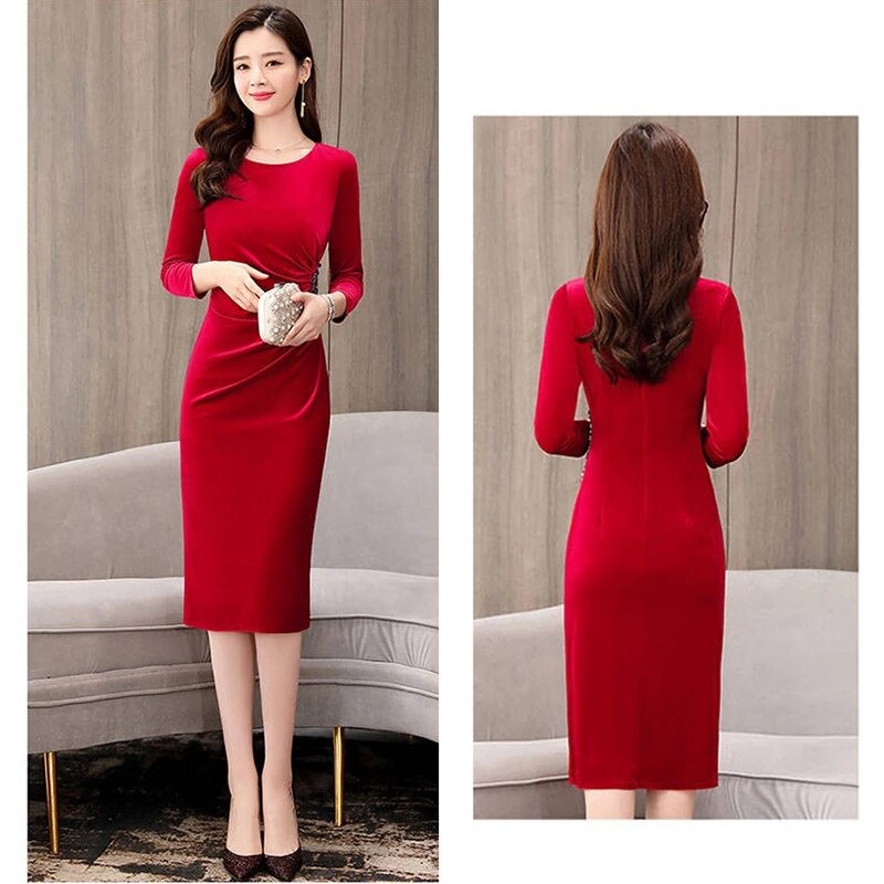 Sexy Slim Pleated Sequin Velvet Dress Women Elegant Long Sleeve Korean Evening Party Dresses Vintage Knee Length Vestido Festa