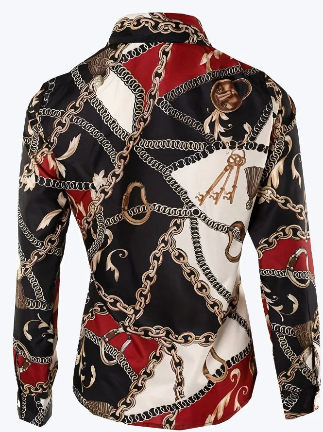 Women's Color Block Chain Print Button Shirt   Stylish and Comfortable Long Sleeve Top for Spring and Fall