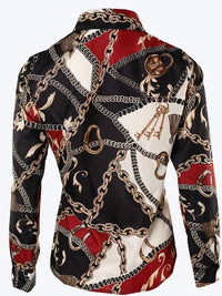 Women's Color Block Chain Print Button Shirt   Stylish and Comfortable Long Sleeve Top for Spring and Fall