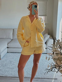 HH 2025 Casual Women Linen Shirt Shorts Sets Summer Lapel Single-Breasted Long Sleeves Shirt Top+Elastic Waist Pocket Shorts