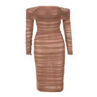 WillBeNice 2023 Women Sexy Brown Draped Bandage Mid Dress Bodycon Off-Shoulder Long-sleeves Club Celebrity Evening Party Dresses