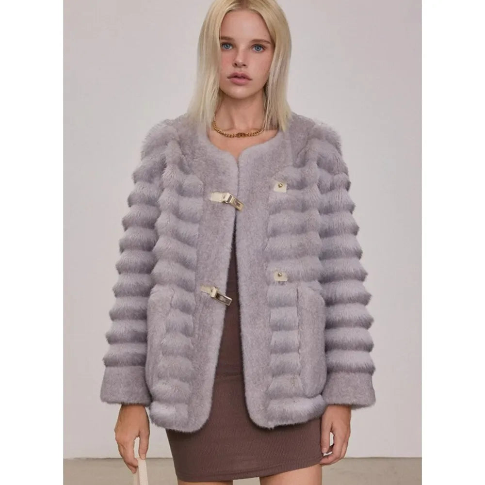 Winter Contrast Color Brown Horizontal Strip Faux Mink Fur Coat Women O neck Front Buckle Buttons Loose Thick Short Outerwear