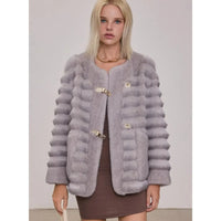 Winter Contrast Color Brown Horizontal Strip Faux Mink Fur Coat Women O neck Front Buckle Buttons Loose Thick Short Outerwear