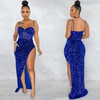 Women Mesh Patchwork High Side Split Sequin Bodycon Midi Backless Maxi Long Dress Sexy Night Party Spaghetti Strap Dress