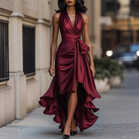 Women Fashion Solid Color V Neck Sleeveless Irregular Hem Midi Dress Party Cocktail Elegant Dress for Night Out