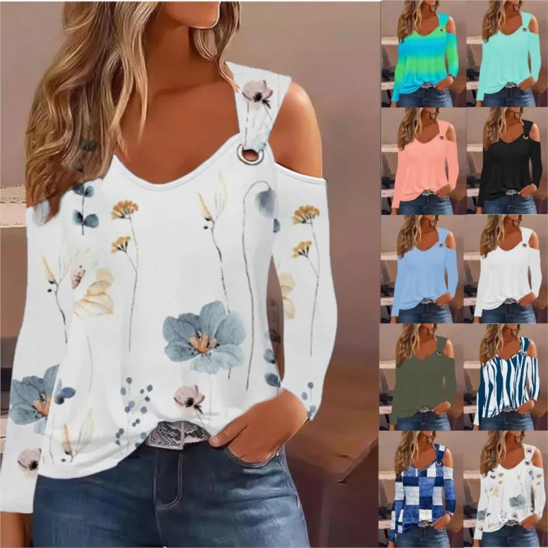 Women's Casual Loose And Minimalist Printed Metal Buckle V-neck Long Sleeved Shirt Tops 2023 Sexy Off Shoulder Blouse Mujer