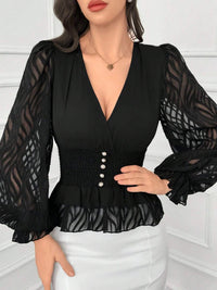 Women's Elegant and Fashionable V Neck Lantern Sleeve Waist Shirt