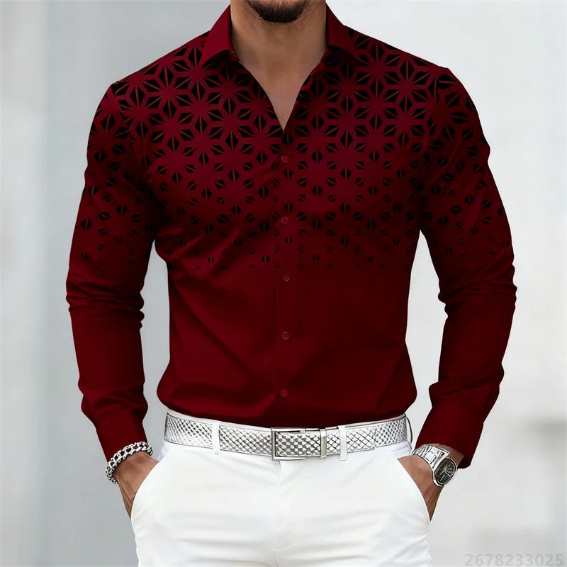 17 colors of men's shirts, fashionable geometric pattern print long sleeve shirts, personalized trendy slim lapel casual shirts