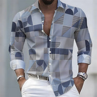 American retro patchwork print men's long-sleeved shirt, casual spring and autumn turn-down collar cardigan, plus size men's top