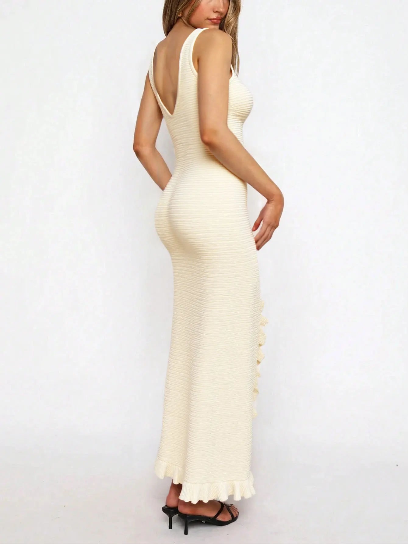 Summer French Style Deep V Neck Backless Ruffle Trim Split Slim Fit Sexy Maxi Dress For Women
