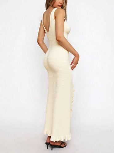 Summer French Style Deep V Neck Backless Ruffle Trim Split Slim Fit Sexy Maxi Dress For Women