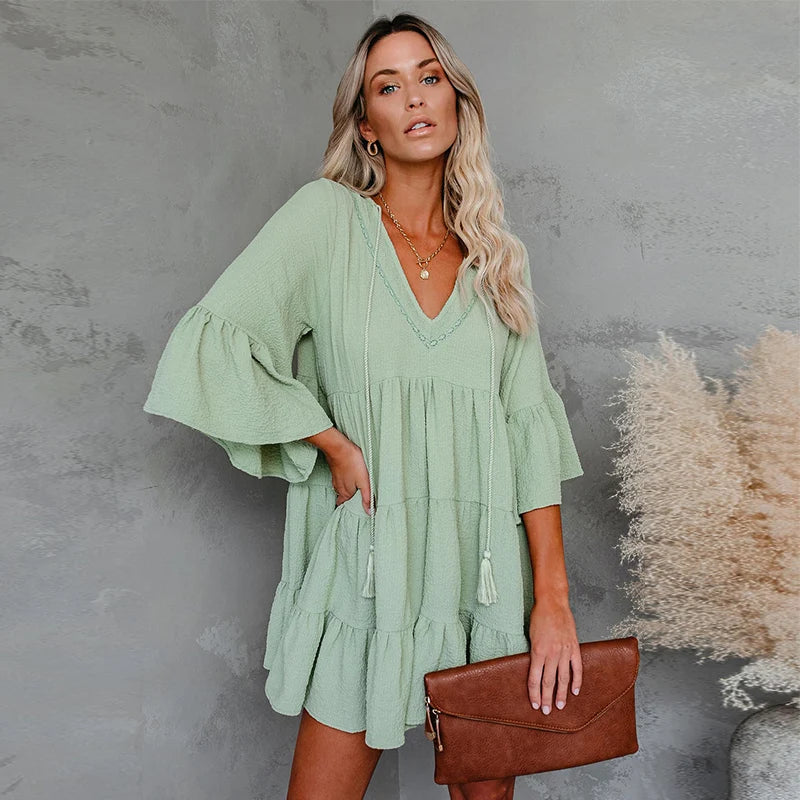 2023 Pregnant Woman Summer Clothes Sweet Short Flare Sleeve V-neck High Waist Maternity Chiffon Dress Korean Style A-line Dress