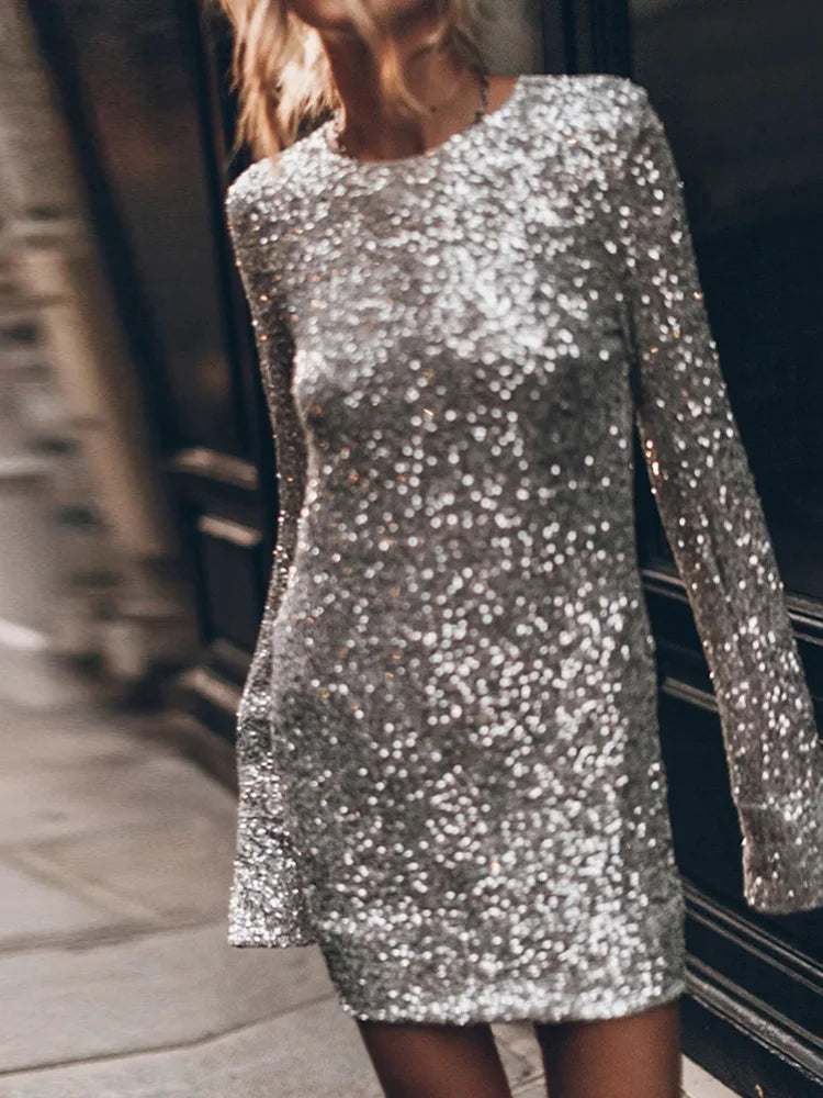 Women s Silver Sequin Dress Party Dress Back Hollow Crew Neck Sparkly Dress Cocktail Dress Mini Dress Long Sleeve Spring Fall Winter Winter Dress Women s Silver Sequin Dress Party Dress Back Hollow Crew Neck Sparkly Dress Cocktail Dress Mini Dress Long Sleeve Spring Fall Winter Winter Dress