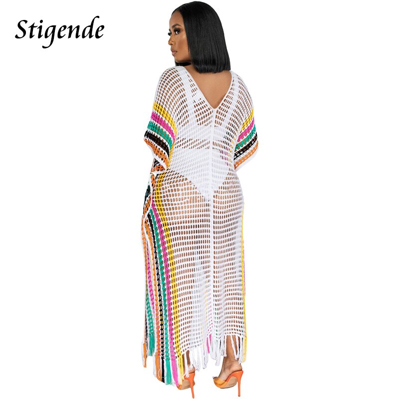 Sexy Side Split Hollow Out Tassels Dress Women Summer Knit Cover Up Swimwear Fashion Multi Color Patchwork Crochet Beach Dress