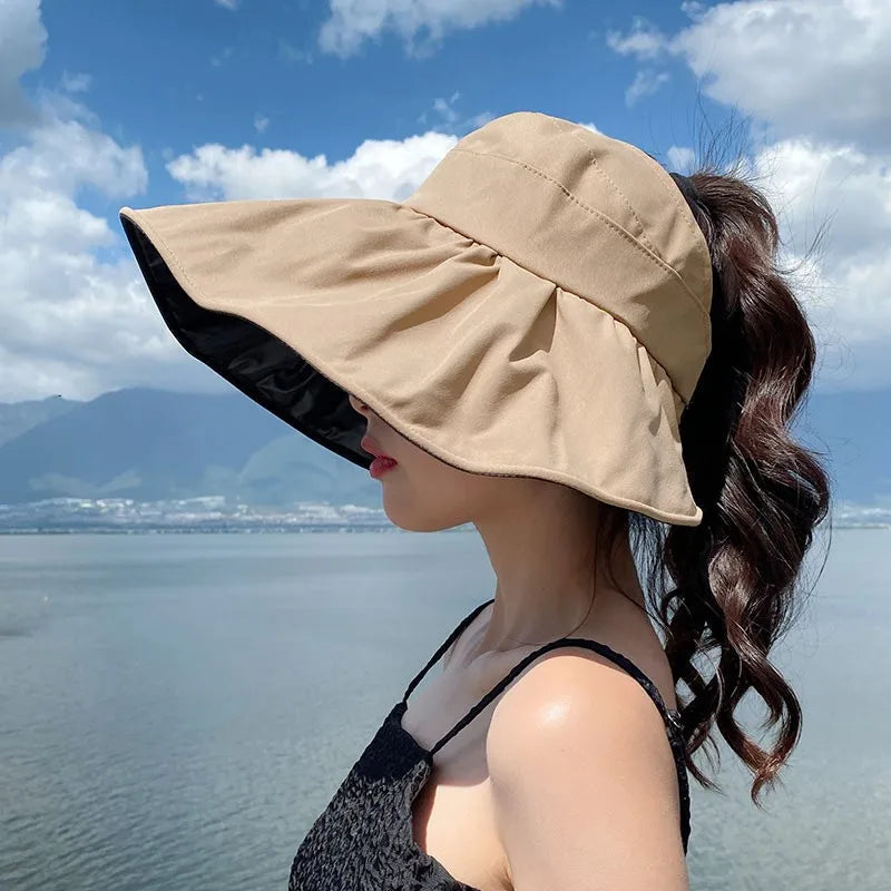 Empty Top Wide Brim Foldable Sun Hat for Women Spring Summer Anti UV Sunscreen Bucket Hat Girl Outdoor Hiking Fishing Beach Caps