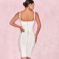 2024 women white summer mid-length dress Sexy Lady Belt Spaghetti Strap Bandage Dress Party Club V Neck  Bodycon