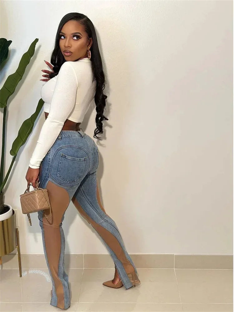 y2k Clothes Streetwear Jeans Elastic Pants Women  Casual High Waist Design Casual denim Blue Patchwork denim Trousers Pants