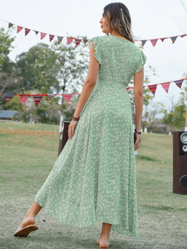 Sexy Elegant Floral Dress Summer Women Bohemian Holiday Long Dresses Green Irregular Casual Loose Bandage Sundress