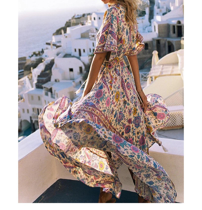 Boho Floral Maxi Dress Daisy V-Neck Half Sleeve Floral Maxi Boho Chic Summer Dress Resort Boho Floral Maxi Dress Daisy V-Neck Half Sleeve Floral Maxi Boho Chic Summer Dress Resort