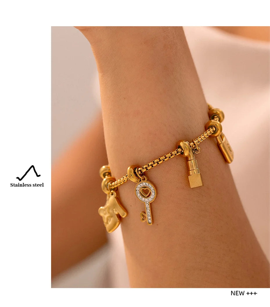 316L Stainless Steel Charm Bracelet For Women 18K Gold Plated Waterproof No Tarnish Women's Multiple Different Pendant Bracelets