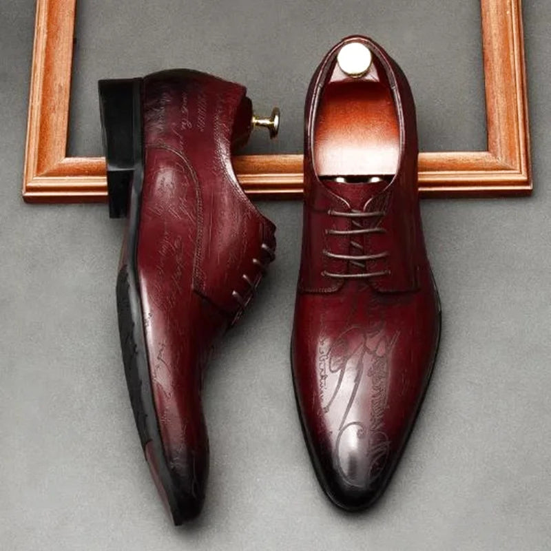 Stylish Letter-printed Men's Business Leather Shoes Korea Style Wedding Derby Shoes Lace-up Pointed Toe Dress Shoes Man Wine-red