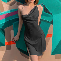Sexy Mini Dress Women Summer New Black Sleeveless Strap Backless Folds Bodycon Split Dress Streetwear Elegant Party A-LINE Dress
