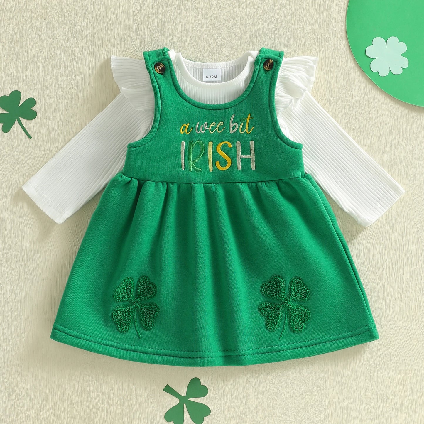 Baby Spring Clothes Solid Ribbed Long Sleeve Romper Letter Shamrock Embroidery Overalls Dress 2 Pcs Irish Outfits