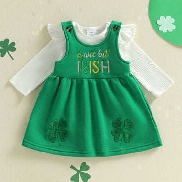Baby Spring Clothes Solid Ribbed Long Sleeve Romper Letter Shamrock Embroidery Overalls Dress 2 Pcs Irish Outfits