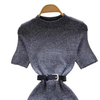 Women's Grey Crew Neck Short Sleeve Sundress Belted Waist Stretchy Ribbed Knit Bodycon Mini Dress Casual Party Office Dress