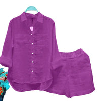 2025 Women Shirt Shorts Set Loose Irregular Hem Lapel Long Sleeves Shirt Top Elastic Waist Wide Leg Shorts Female Summer Outfit