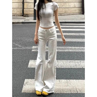 Fashionable White Low Waist Slightly Flared Jeans for Women, Fashionable and Versatile Casual Loose Wide-leg Bell-flop Pants