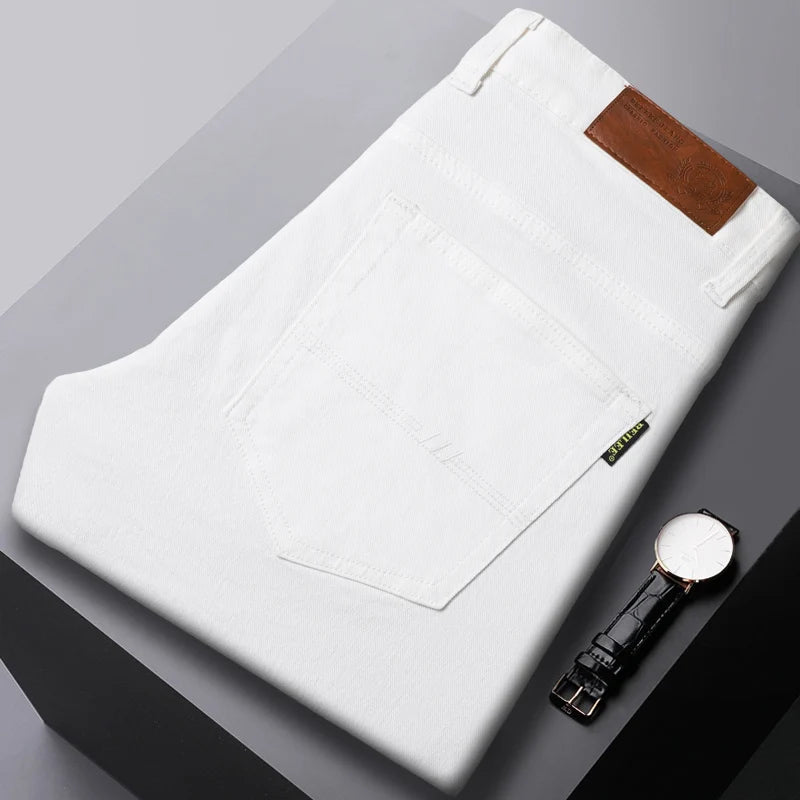 New High Quality Men's Trend Yellow Red White Jeans 2024 Spring Autumn Male High Waist Casual Pants Classic Brand Denim Trousers