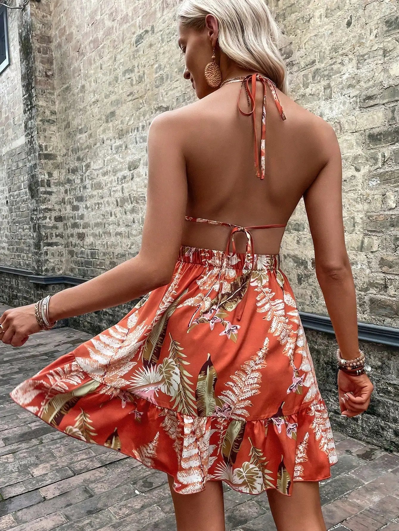 Sexy deep V waist high with ruffles summer dress, tropical orange-red printed camisole dress, perfect for casual vacations.