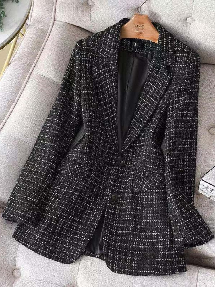 Plaid Blazer Fashion Jacket Women Spring Autumn Long Sleeve Casual Elegant Office Classic Chic Temperament Blazer New 2023