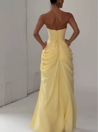 Elegant Yellow Strapless Pleated Long Dress Women Chic Solid Sleeveless Waist Cinching Split Gown 2026 Lady Evening Party Robe