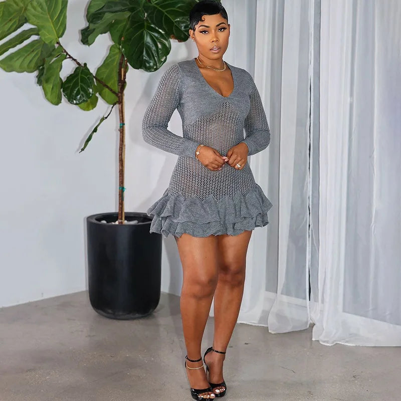 Ruffles Knitted Strapless Mini Dress Women Sexy Lace Up Bandage Backless Stretch Crochet Bodycon Club Party Dresses Vesitdos