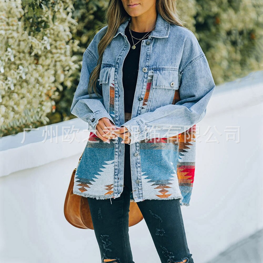 Autumn and Winter New Polo Neck Pocket Denim Panel Wool Coat Women's Vintage Jacket