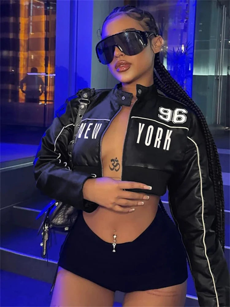 kliou Letter PU Patchwork Women Coats New Hipster Button Zip-up Full Sleeve Crop Jackets Trend Cool Street Outwear Spring New