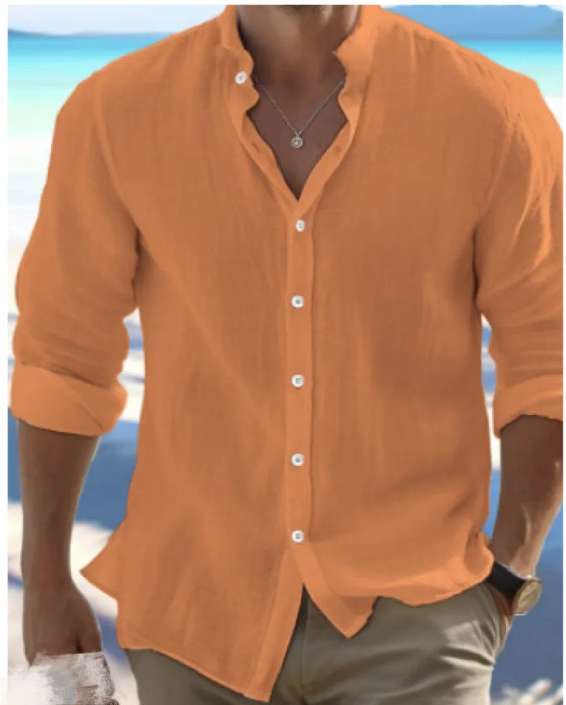 Men's Linen Button-down Shirt for Men Summer Beach Shirt Long Sleeves Plain Stand-up Collar, Spring/summer Casual Everyday Wear