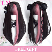 LM Synthetic Black Wig with Long Ponytail Short Straight Wig Lolita Cosplay Party Harajuku Blonde Wig With Bangs for Women