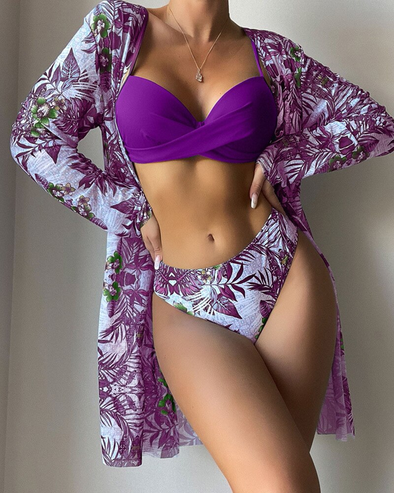 2 pieces Women's three piece swimsuit new mesh cardigan split bikini print