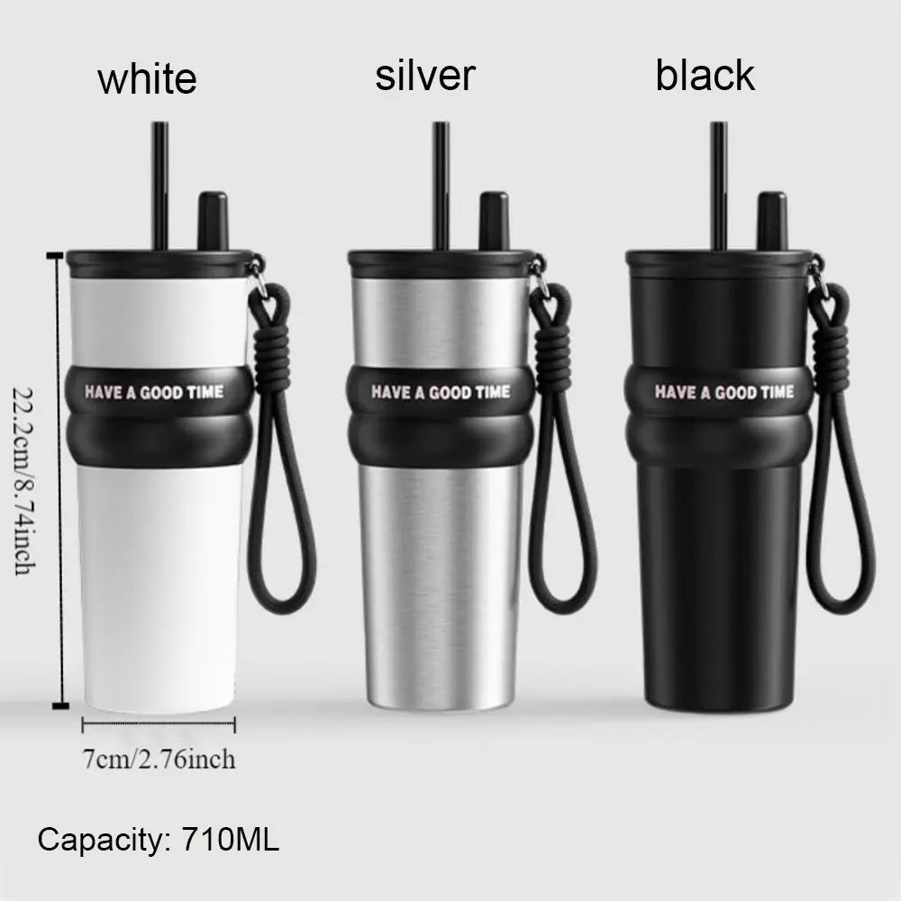 Stainless Steel Vacuum Insulated Bottle Large Caliber Large Capacity Thermal Cup With Straw with Lifting Rope Insulated Cup Car