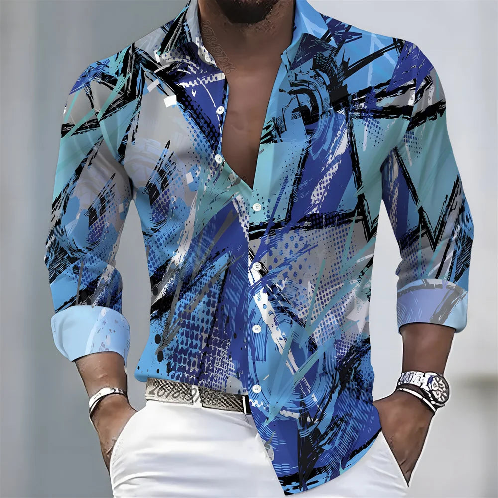 European and American style color-blocked geometric abstract print men's long-sleeved shirt, versatile top for spring and autumn